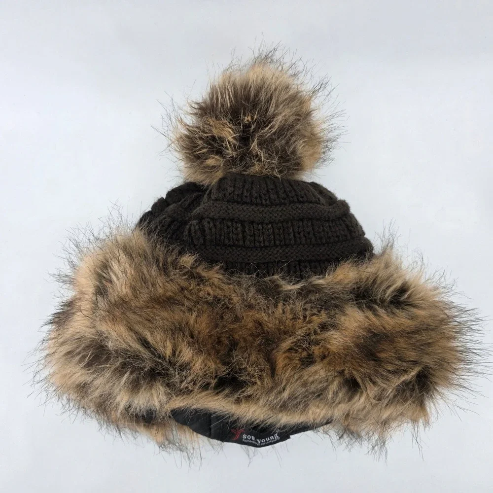 Soul Young Womens Brown Cable Knit Faux Fur Trapper Hat Pom Pom Beanie Preppy
